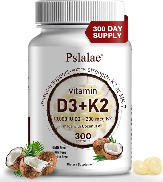 Vitamin D3 10000 IU & K2 200 Mcg - Coconut Oil Softgels - Supports Calcium Absorption, Bone, Immune and Heart Health