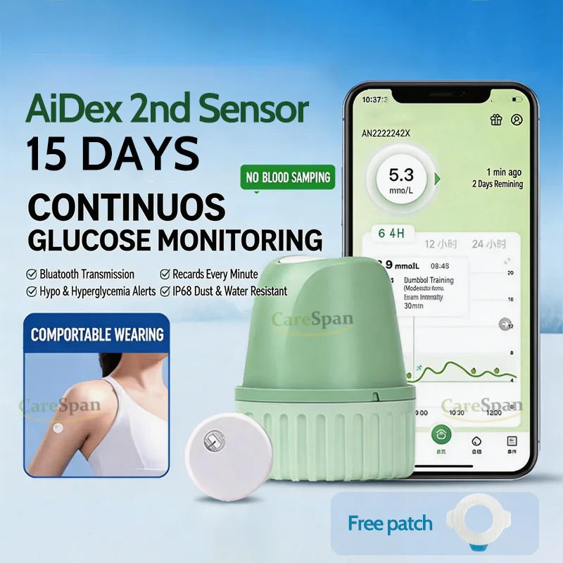 AiDex 2nd CGMs No Blood Collection Glucometer Glucose Sensor Diabetes Management Real-time Self Sugar Testing Monitoring